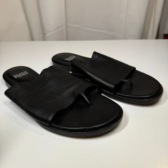 Eileen Fisher Black Leather Toe Ring Slides Sandals 6.5 Vero Cuoio Minimalist - Picture 2 of 6